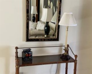 $800.00………..KNOB CREEK FAUX BAMBOO CANE CONSOLE AND CAROLINA MIRROR COMPANY PAINTED AND BEVELED MIRROR (SOLD AS A SET BECAUSE THEY LOOK AWESOME TOGETHER)