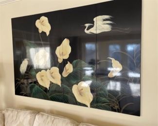 $500.00…………BLACK LAQUER 4 PANELED ART HAND PAINTED (NO SIGNATURE) 