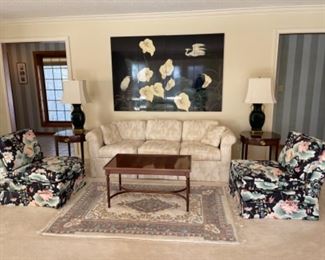 SOFA, DREXEL END TABLES, LAMPS, SIDE CHAIRS, WOOL RUG, PANELED ART WORK