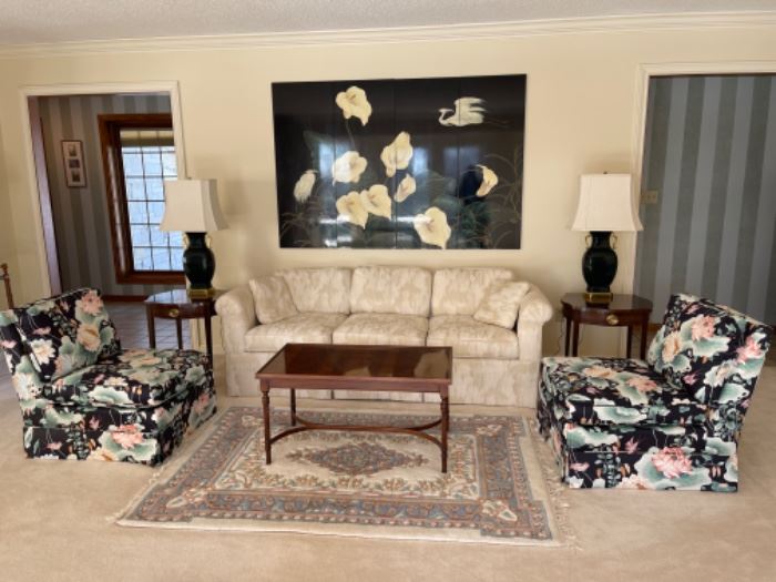 SOFA, DREXEL END TABLES, LAMPS, SIDE CHAIRS, WOOL RUG, PANELED ART WORK
