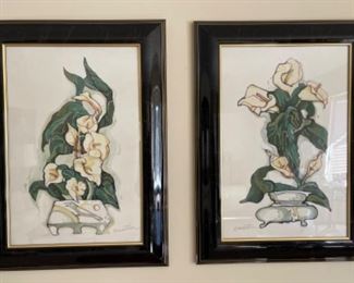$300.00………….PAIR OF BEAUTIFULLY FRAMED WITH BLACK LAQUER PAINTINGS ON SILK, SIGNED MARTIN