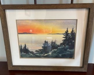 ORIGINAL WATERCOLOR BY RUSSEL NORBERG “COASTAL SUNSET” FRAMED SIZE: 15” x 12” 
