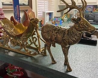 Large solid brass reindeer and sleigh