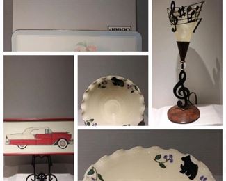 Set of 6 Jason Placemats (in box), Hummingbirds,  New Zealand. Vintage Mid Century Modern Treble Clef Music Note Lamp.   Red framed Classic Car cross stitch 1956 Chevy Bel Air.