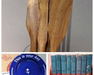 Mad Hungry 4 piece teak wood spurtle set.  Pampered Chef Cobalt Blue Celebration Plate with box and Keepsake Booklet.  Vintage Hardcover Lot of 8, The Hardy Boys.  #5-6-11-17-20-34-37-41, Grosset & Dunlap.