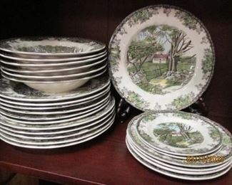 Johnson Bros - The Friendly Village Dishes.  6 Dinner plates.  6 Salad and soup.  6 miscellaneous plates.  Dinner plates have different scenes. 