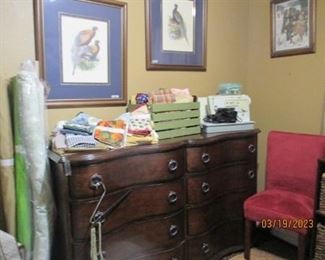 Chest w/ 6 drawers.  Fabrics.  Sewing machines