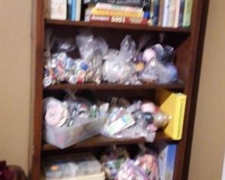 Books and sewing supplies.  Bookcase.
