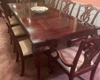 Stanley Stoneleigh Dining Table.  Drawers at each end.  2 leaves.  Unfortunately there are 2 imperfections on table top.  Appears something hot was set on table at each end causing a 15" square imperfection.  Perhaps can be smoothed out.  Table and chairs are beautiful otherwise. 