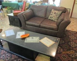 Brown Leather Love Seat - Cat scratches on arms and back. Black painted coffee table