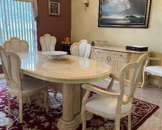 
This table is 77 long as Shown does has an additional 16 1/2 inch wide leaf it’s 42 1/2 wide and 30 1/2 tall 
6 Chairs 