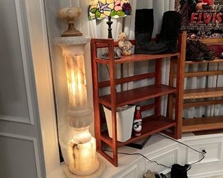 Incredible pair of lit carved alabaster columns… one features a compote top, the other a full matching lamp. These are just elegant and wonderful.