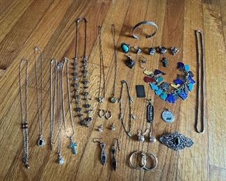 More sterling… awesome  enameled states charm bracelet, naive sterling fetish necklace, mid century layered earrings, opal cross necklace… antique large brooch… more close ups or these at the very end!