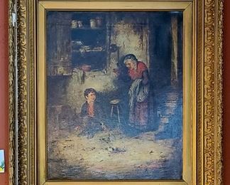 M.W. Langlois Oil Painting, "Caught in the Act"