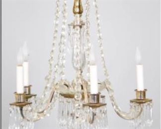 Neoclassical Silvered Metal And Glass Five Light Chandelier