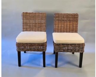 Pair Of Woven Rattan Side Chairs With Cushions With Cushions