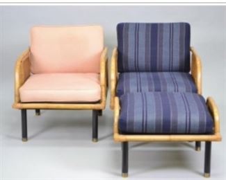 Pair of Ficks Reed Mid-Century Modern Rattan Arm Chairs and Ottoman Possibly By John Wisner