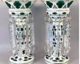 A Pair Of Czech Bohemian Glass Green Large Mantel Lusters