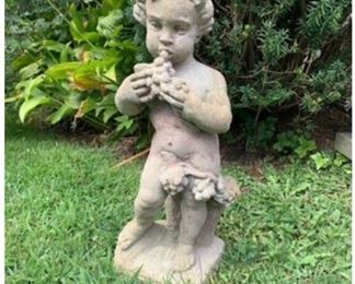 Neoclassical Style Figural Cast Garden Statue, Cherub With Grapes, 20th Century