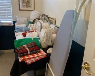 Linen, clothes , hat , shelves ,computer desk