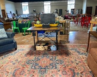 Good looking metal and wooden table. 9x12 Karastan rug. Popular colors and motif. Two blue matching recliners.