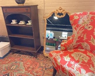 Beautiful mirror and elegant wing chairs with new linen upholstery