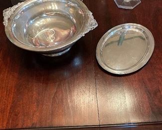 Beautiful antique bowl on pedestal and small calling card tray.