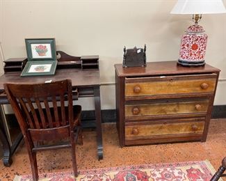 Desk and chest. Both are a great size for a smaller area. Lamp is beautiful.