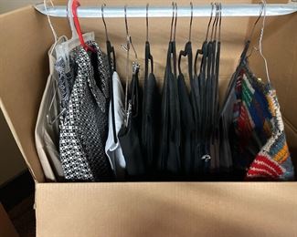 Many name brand clothes. Columbia, Talbots, Orvis, Banana Republic to name a few. All hanging ones in great condition. One of several boxes.