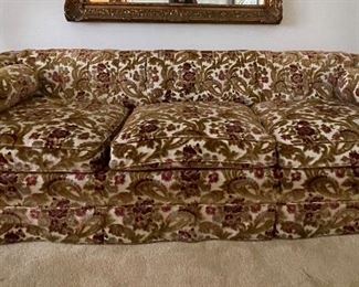 Mid-Century Three-Seat Floral Upholstered Sofa. Measures 90" W x 36" D x 24" H. Photo 1 of 2. 