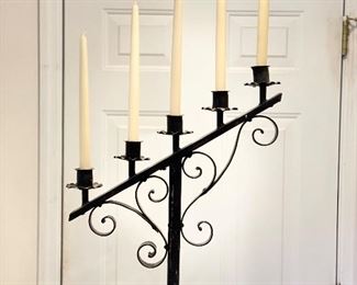 Pair of Early 20th Century Standing Wrought Iron Candelabras. Each Measures 68" H x 20".  Photo 2 of 3. 