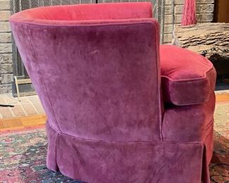 Pair of Pink Velour Mid-Century Modern Upholstery Swivel Chairs. Each Measures 30" W x 32" D x 30" H. Photo 2 of 2. 