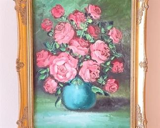 Rose Bouquet Oil Painting in Gilt Frame. Photo 1 of 2. 