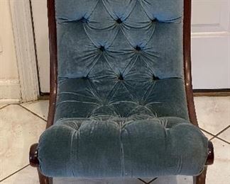 Antique Blue Velvet Upholstered Child's Slipper Chair with Tufted Back. Measures 17" W x 28" D. Photo 1 of 4. 