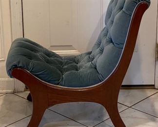 Antique Blue Velvet Upholstered Child's Slipper Chair with Tufted Back. Measures 17" W x 28" D. Photo 2 of 4. 