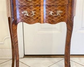 Antique Louis XV Style French Marquetry Side Table with Bronze Feet Decorations. Measures 20" W x 13" D x 29.5" H. Photo 1 of 6.