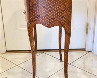 Antique Louis XV Style French Marquetry Side Table with Bronze Feet Decorations. Measures 20" W x 13" D x 29.5" H. Photo 4 of 6. 