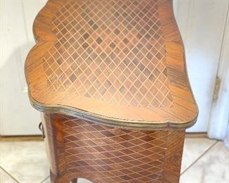 Antique Louis XV Style French Marquetry Side Table with Bronze Feet Decorations. Measures 20" W x 13" D x 29.5" H. Photo 5 of 6. 