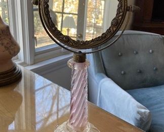 Vintage Pink Blown Glass Vanity Mirror.