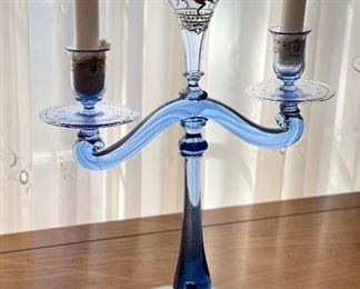 Pair of Antique Hand-Painted, Hand-Blown Blue Glass Two-Arm Candelabra. Photo 1 of 3. 