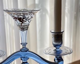 Pair of Antique Hand-Painted, Hand-Blown Blue Glass Two-Arm Candelabra. Photo 2 of 3. 