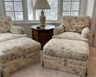 Pair of Crewel Upholstered Club Chairs & Ottomans. Photo 1 of 3. 