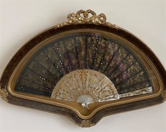 Framed Ornate Antique Beaded Fan In Matching Shadow Box. Measures 23" W x 16" D.  