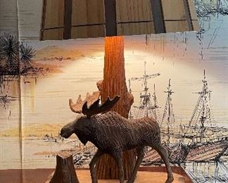 Hand-Carved Wood Lamp with Moose Theme.