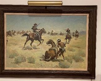 Ronald Crooks, “Protecting The Wagons,” Western Oil on Board Painting. Signed. Measures 36” x 24.”   Photo 1 of 2. 