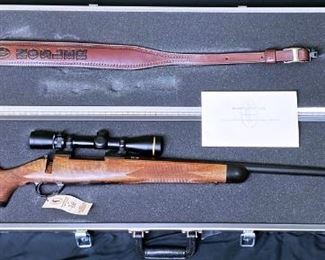 ***FIREARMS ONLY ONSITE DURING SALE HOURS *** "Nosler Custom NCR05-223 300 WSM
NCR - NOSLER CUSTOM RIFLE (CUSTOM LIMITED EDITION SERIES)
.300 WSM (Series 1, limited quantities), NoslerCustom barreled action, 24 in. match grade stainless steel
barrel, one-piece steel hinged floorplate, no sights, fancy checkered American black walnut stock with
forend and pistol grip caps, Pachmayr Decelerator recoil pad, subtle palm swell and shadow line
cheekpiece, 3-position Rocker safety, integral Leupold QD scope mounts, shipped in Kalispel Aluminum
(disc.) hard case with leather sling, Cerakote and Micro Slick finishes, 9 lbs. Only 500 of each series mfg.
(ser. no. range 001-500). Limited mfg. 2005-2016.
The Series 1 rifle comes with a Leupold VXIII 2.5-8x36 scope calibrated for the Nosler ammunition sold
with the rifle." - Description prepared by Gerard Kardonsky
Attorney
FFL
Owner Black-Tie Guns