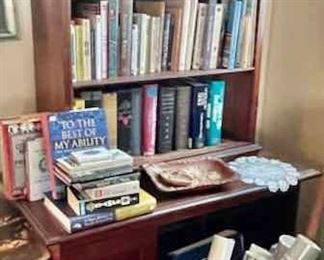 books, book shelf, desk