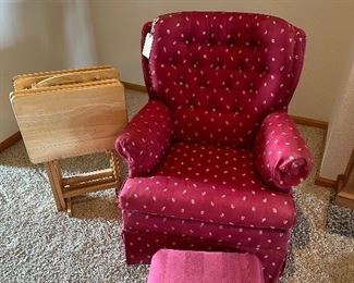 Red Upholstered Chair, Foot Stool, Wood TV Trays