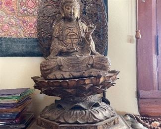 Wooden Gilt Quad Yin Carving on Lotus - Chinese antique