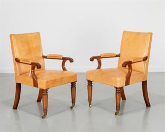 Howe London, pair leather and oak armchairs